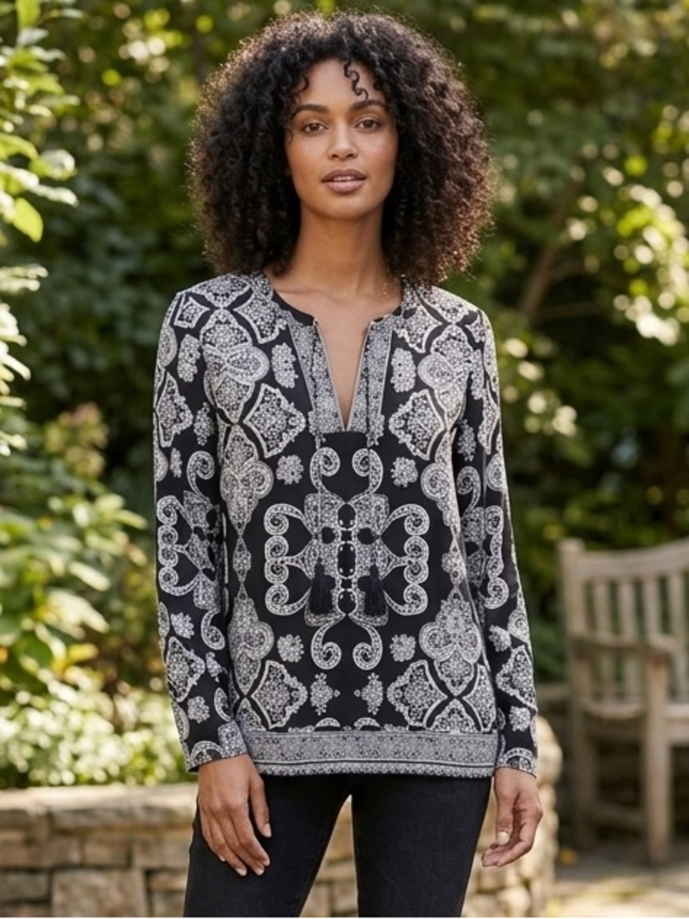 Lucky Brand Tassel Tie Print Blouse